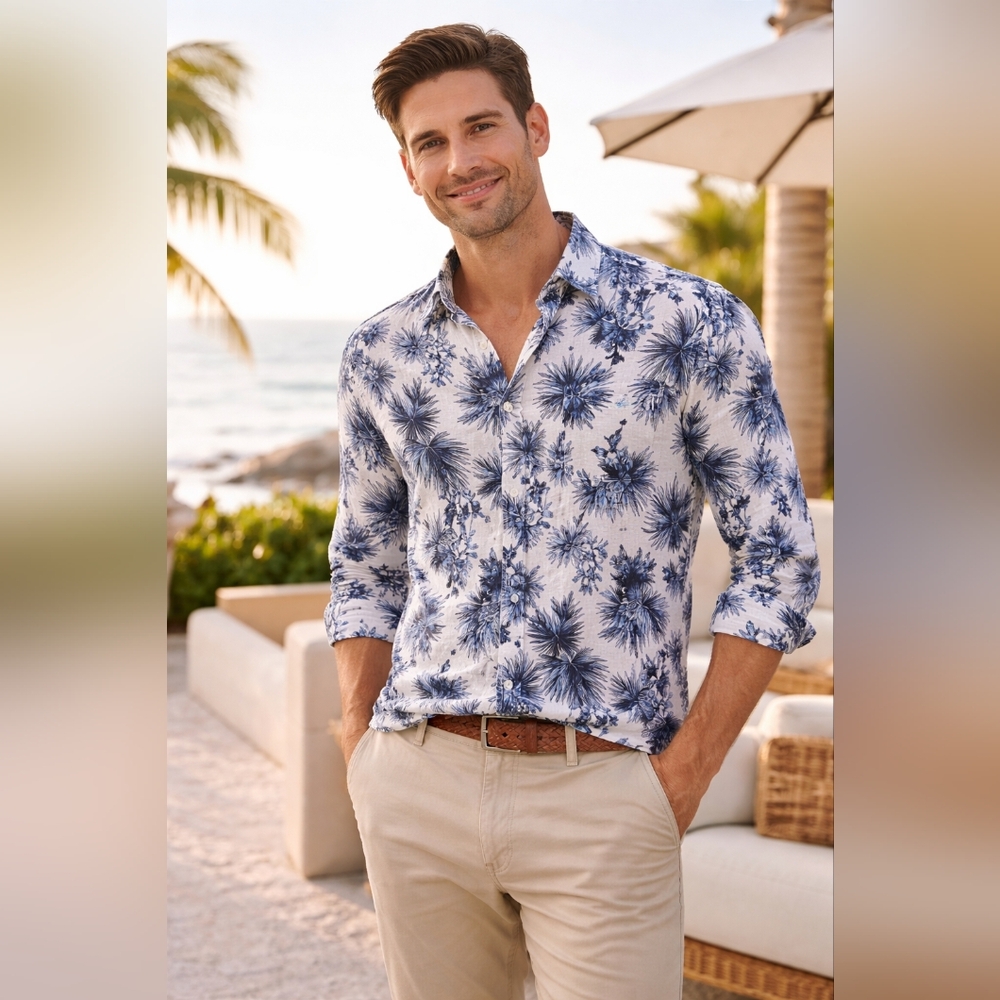 TitleTed Lapidus Linen Blend Floral Button-Up Shirt Size L  (EU 43/45) Blue Whit